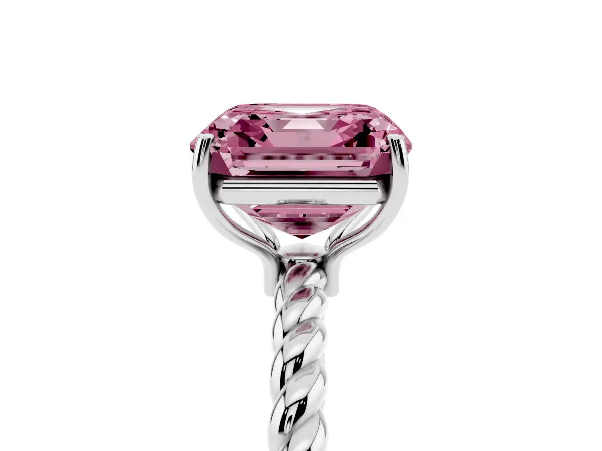 Fancy Pink Asscher Cut Solitaire Twist Band Ring with Four-Prong Setting Silver