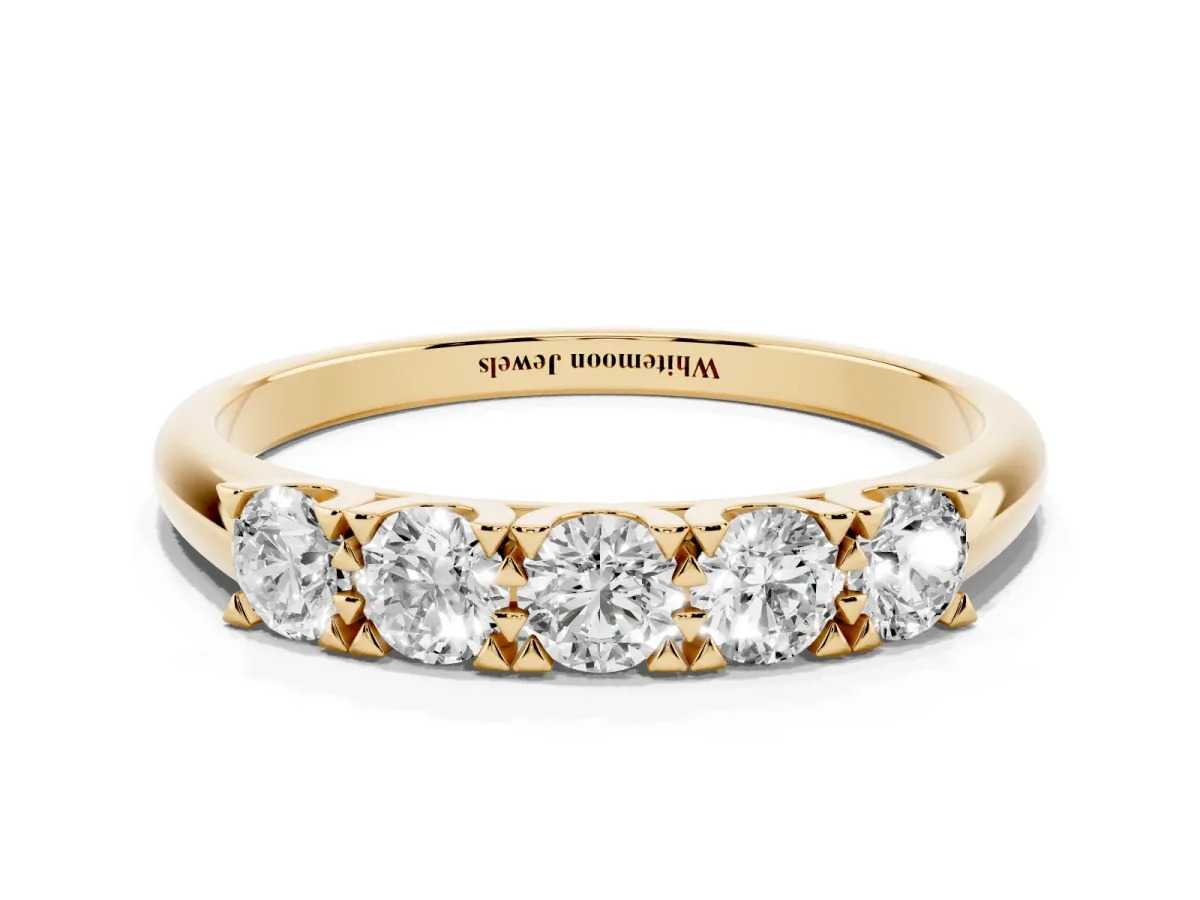 Round Diamond Channel Set Half Eternity Band with Shared Prong Setting Yellow gold