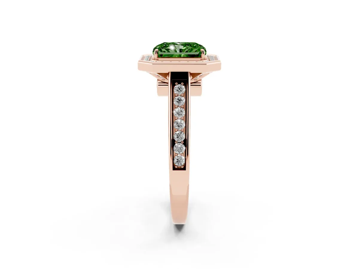 Fancy Green Radiant Cut Halo Solitaire Diamond Ring with Pave Band and Bezel Setting Rose gold