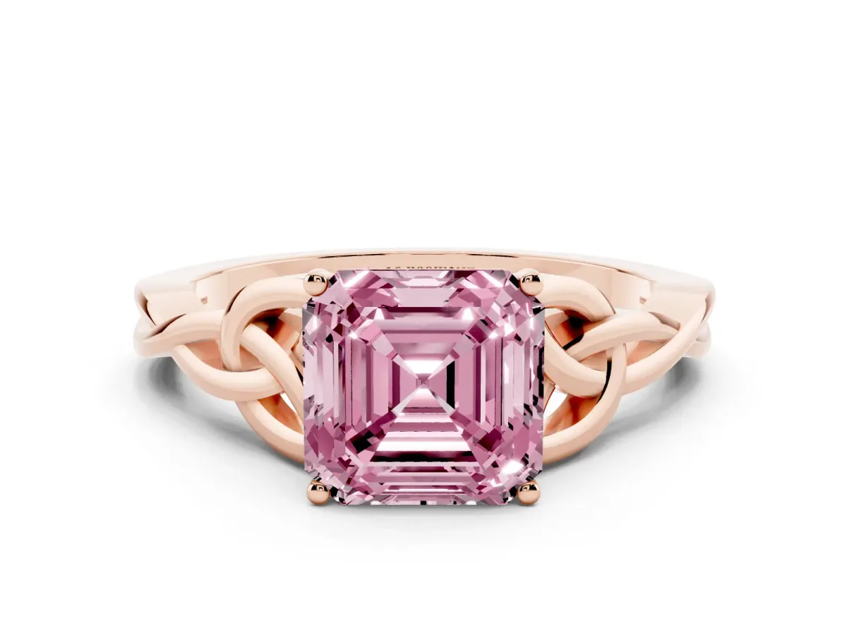 Fancy Pink Asscher Cut Diamond Solitaire Engagement Ring with Celtic Knot Band and Four-Prong Setting Rose gold