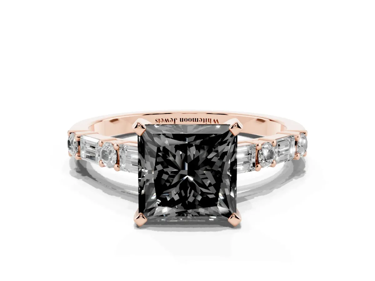 Fancy Black Princess Cut Diamond Solitaire with Side Baguettes and Channel Set Band Rose gold