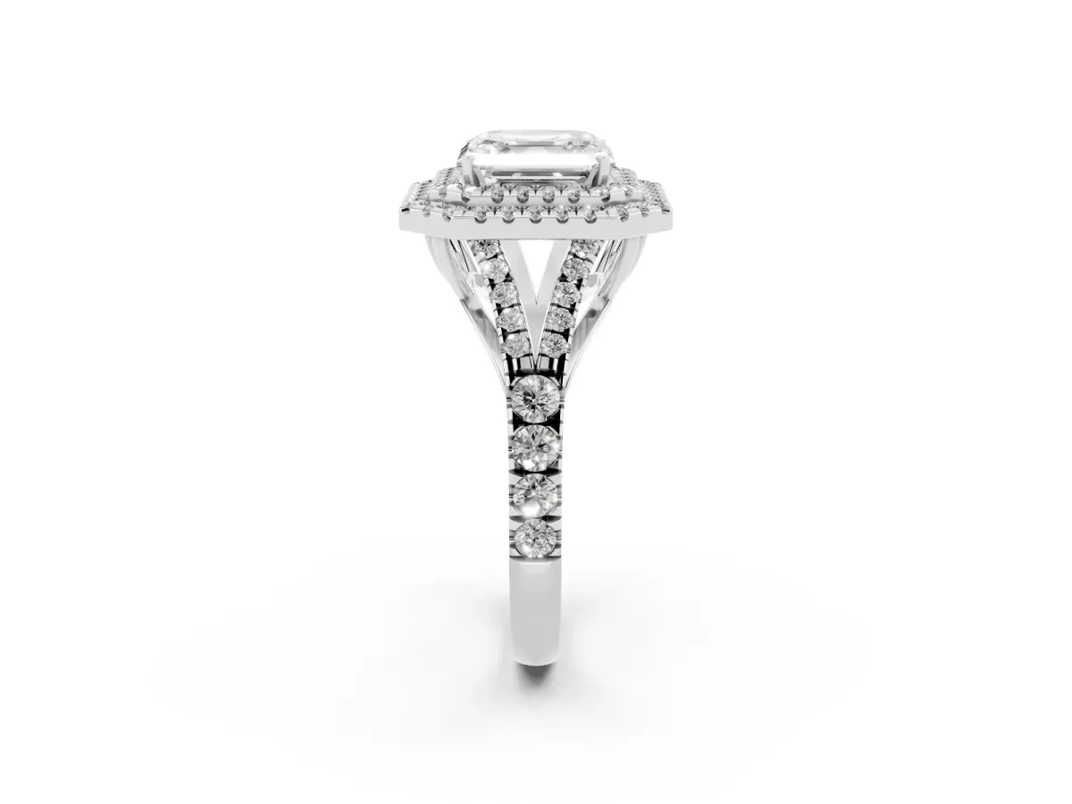 Asscher Cut Diamond Pavé Split Shank Double Halo Engagement Ring Silver