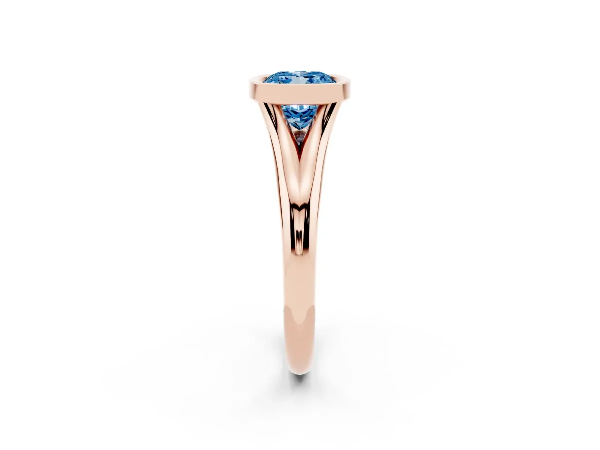 Fancy Blue Bezel Set Cushion Cut Solitaire Diamond Ring with Smooth Band Rose gold