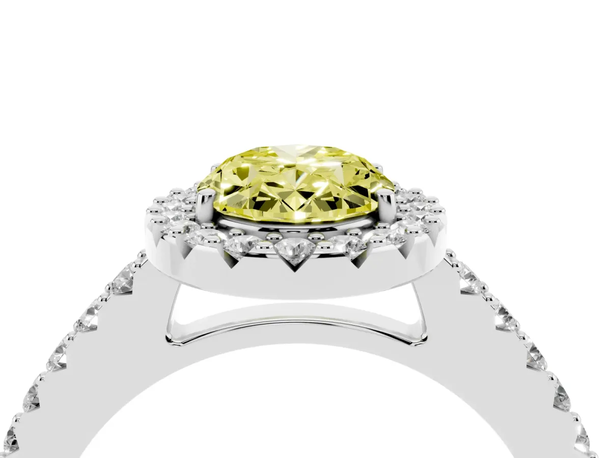 Fancy Yellow Oval Cut Halo Diamond Pavé Solitaire Ring White gold