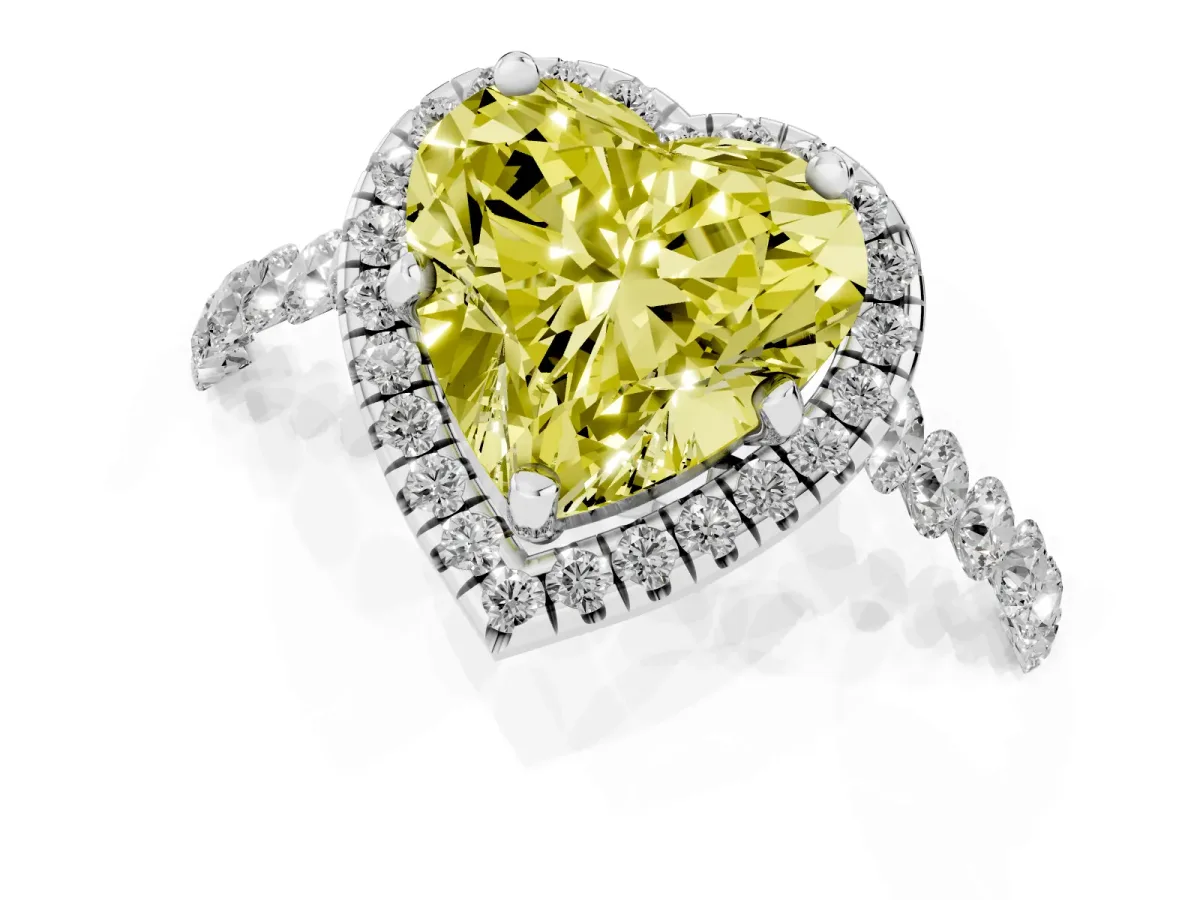Fancy Yellow Heart Cut Halo Pavé Diamond Engagement Ring with Four-Prong Setting White gold
