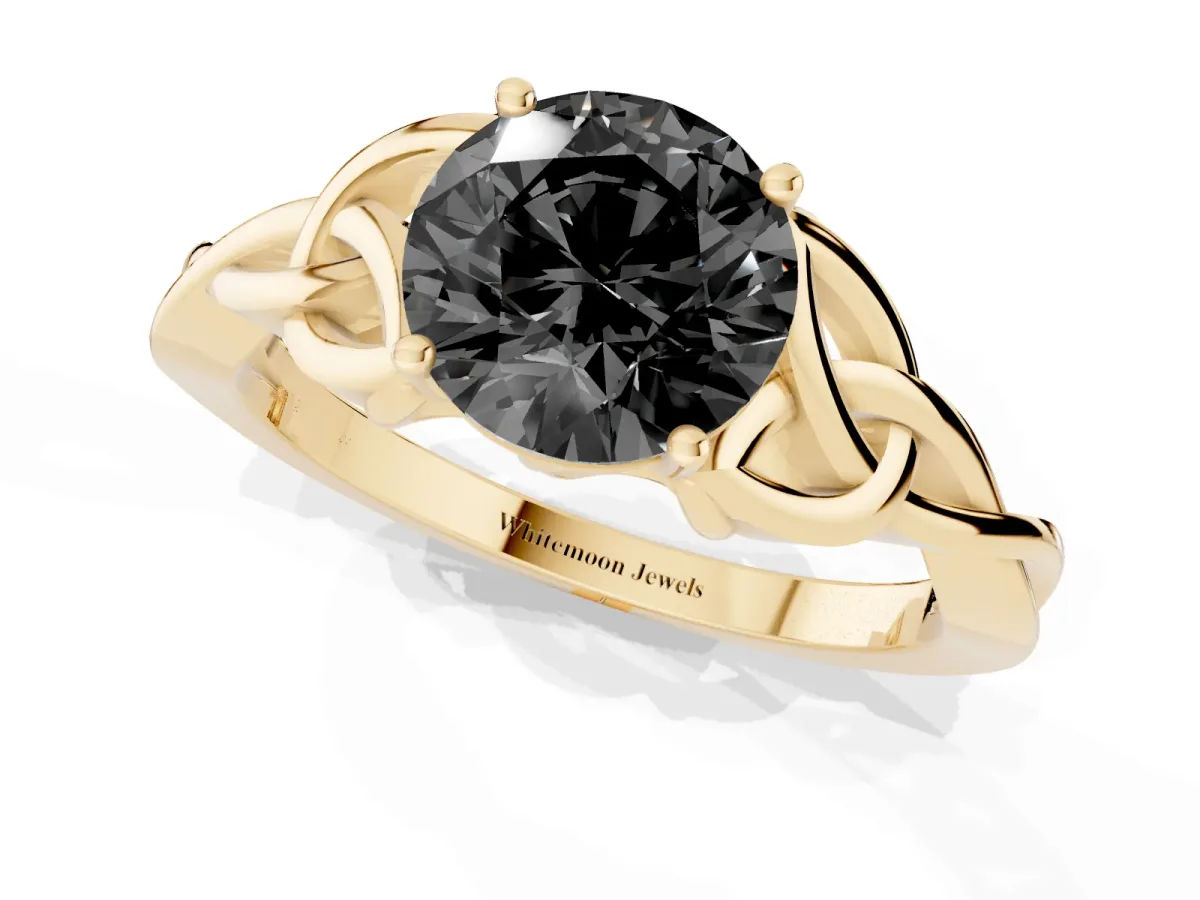 Fancy Black Round Cut Diamond Solitaire Engagement Ring with Celtic Knot Band and Four-Prong Setting Yellow gold