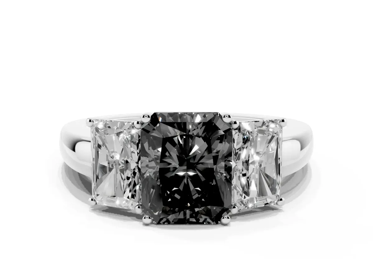 Fancy Black Radiant Cut Diamond Three-Stone Ring with Four-Prong Setting and Classic Band Silver