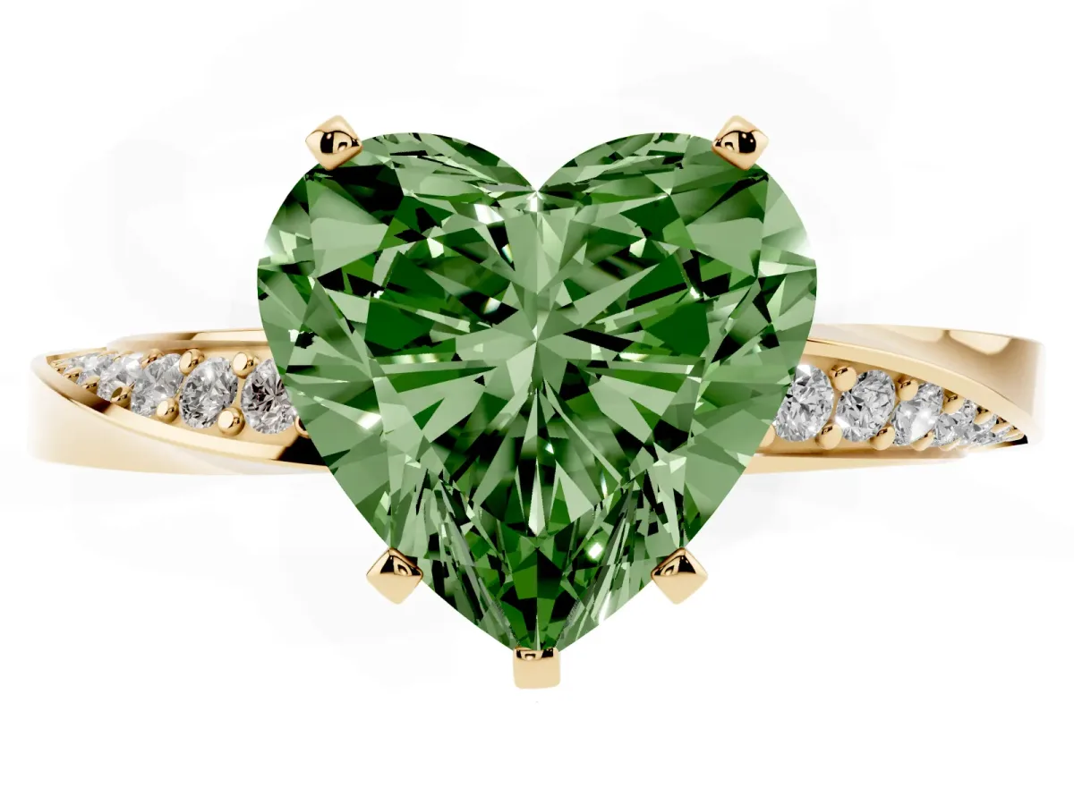 Fancy Green Heart Cut Diamond Engagement Ring with Side Stone Accents and Four-Prong Setting Yellow gold
