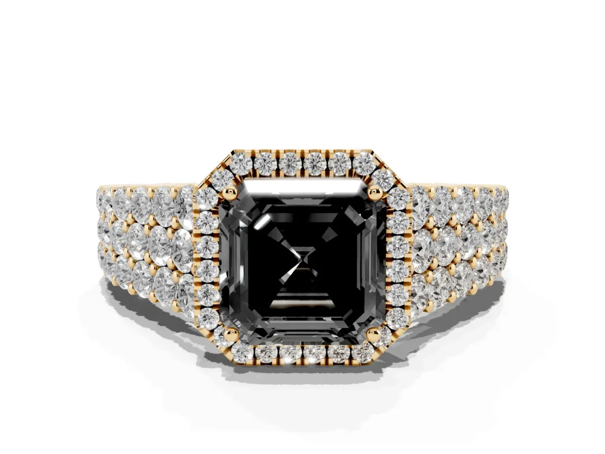 Fancy Black Asscher Cut Diamond Halo Engagement Ring with Triple Row Round Pavé Band and Prong Setting Yellow gold