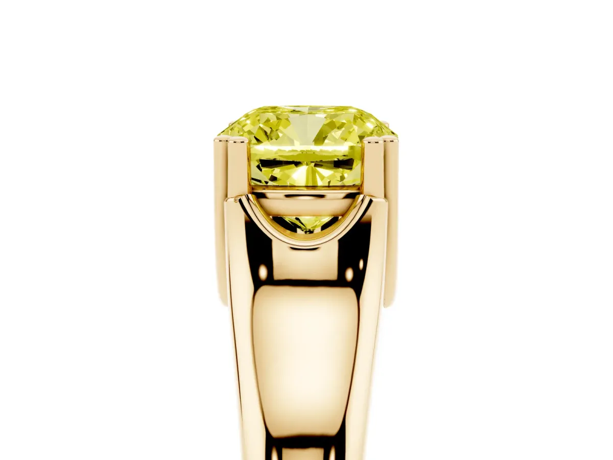 Fancy Yellow Cushion Cut Diamond Solitaire Ring with Wide Band and Prong Setting Yellow gold