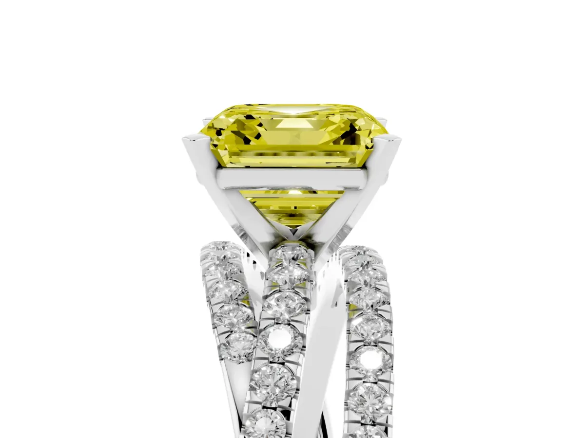 Fancy Yellow Asscher Cut Solitaire Twist Band with Pavé Setting and Four-Prong Setting Silver