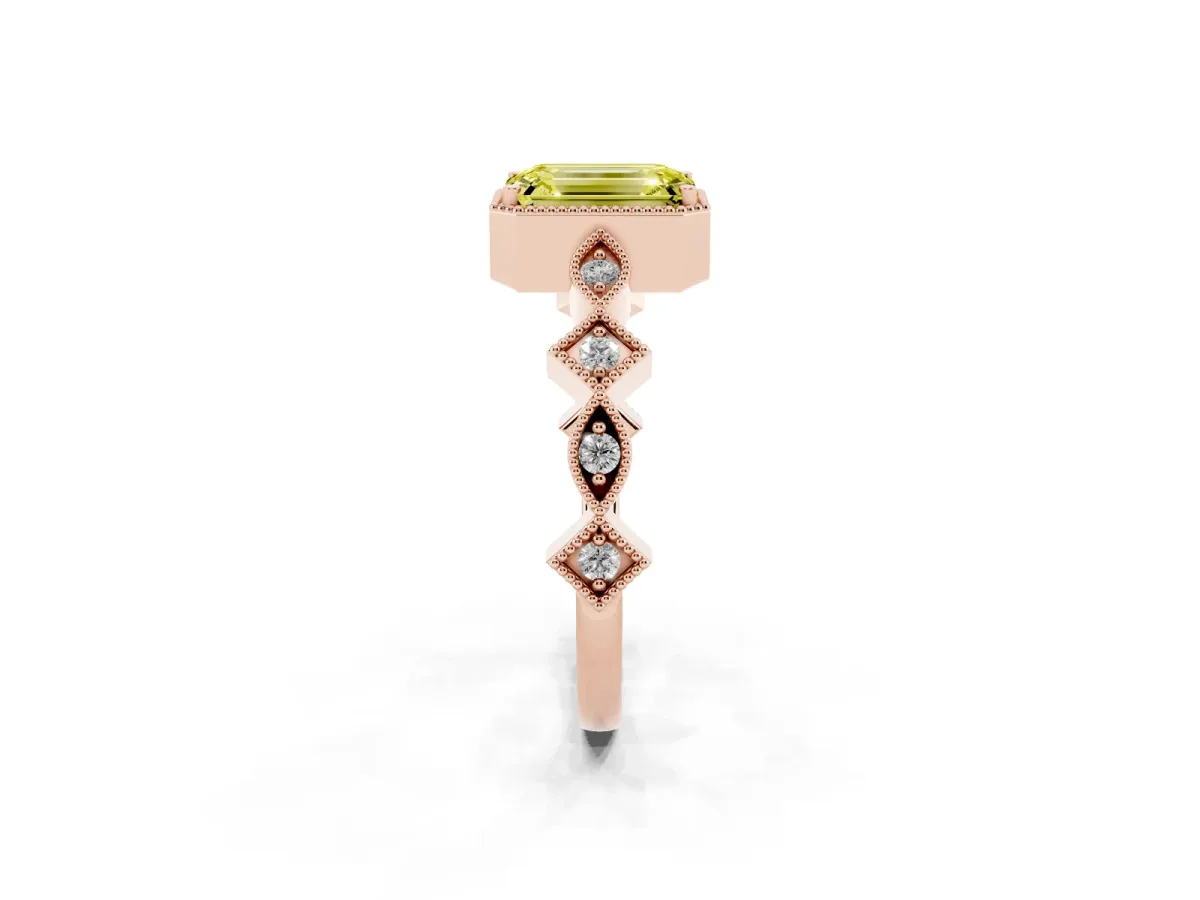 Fancy Yellow Emerald Cut Milgrain Marquise Diamond Twist Band Ring Rose gold