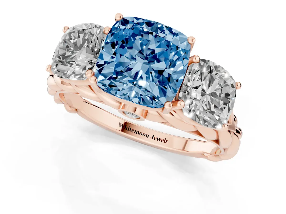 Fancy Blue Three-Stone Cushion Cut Diamond Braided Band Ring with Four-Prong Setting Rose gold
