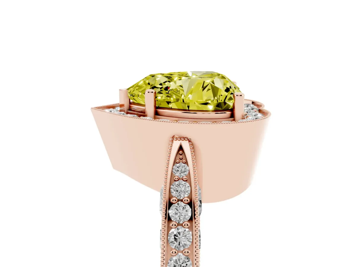 Fancy Yellow Heart Cut Halo Diamond Engagement Ring with Split Shank Band and Four-Prong Setting Rose gold