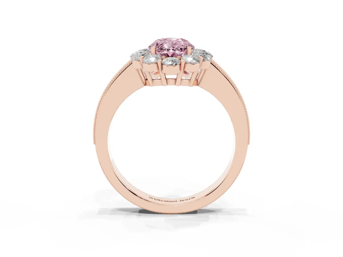 Fancy Pink Oval Cut Cut Halo Diamond Pavé Engagement Ring with Milgrain Detailing Rose gold
