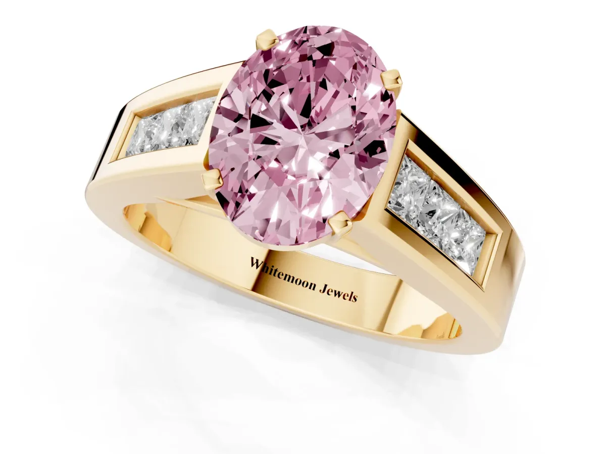Fancy Pink Oval Cut Cut Channel Set Solitaire Ring with Four-Prong Setting Yellow gold