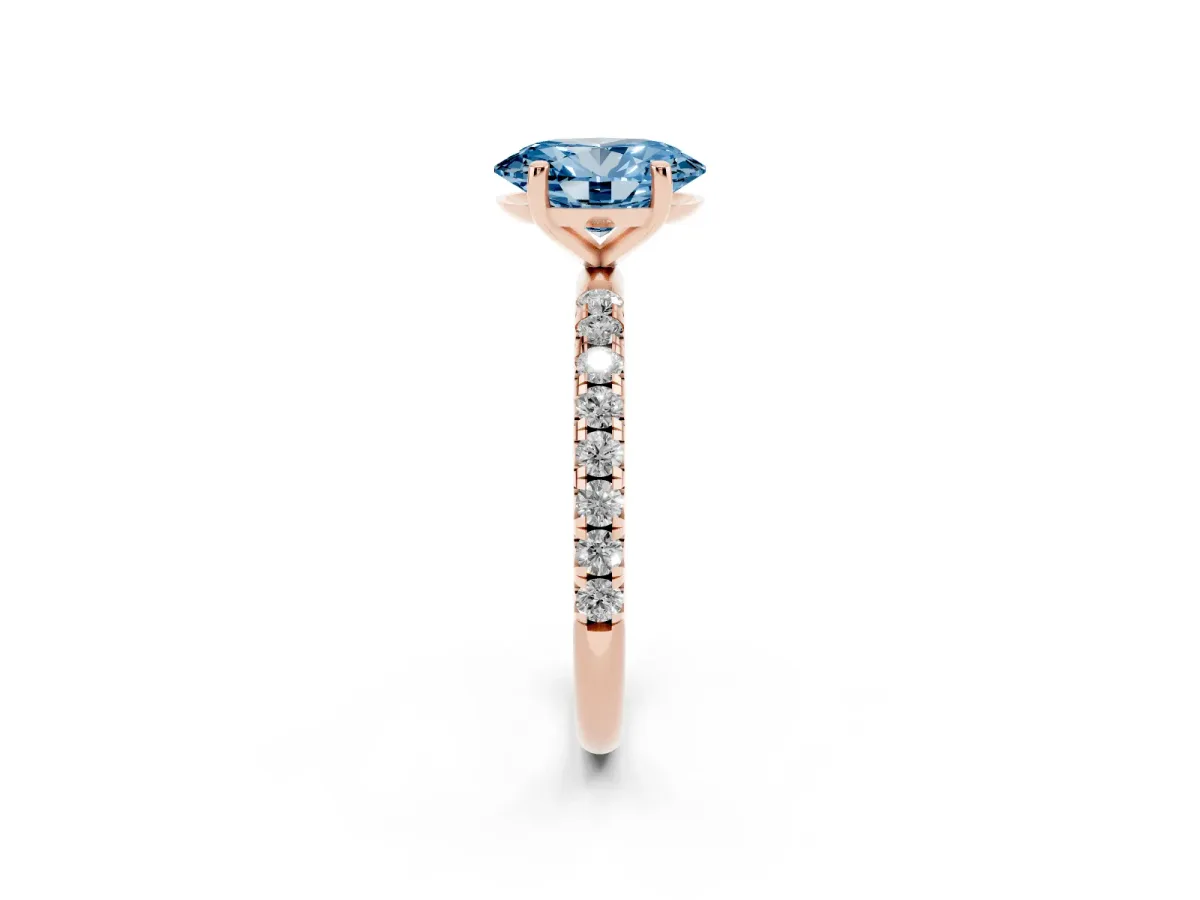 Fancy Blue Oval Cut Cut Diamond Solitaire Ring with Micro Pave Band and Four Prong Setting Rose gold