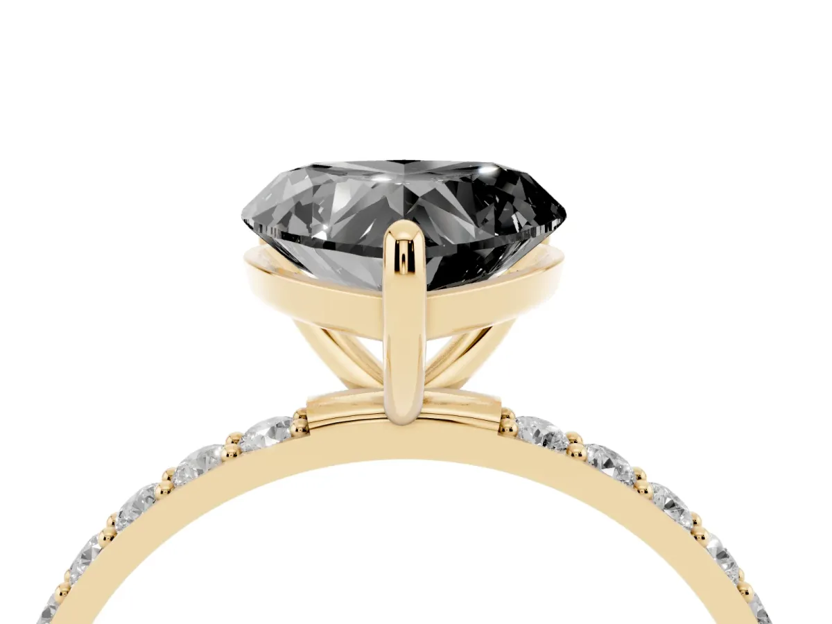 Fancy Black Heart Cut Diamond Solitaire Ring with Round Pavé Band and Prong Setting Yellow gold