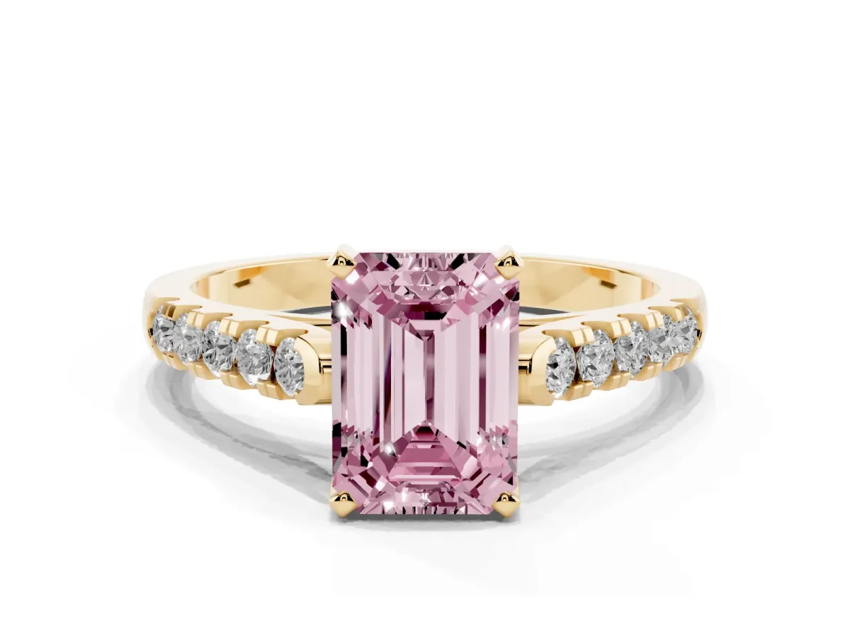 Fancy Pink Emerald Cut Diamond Pavé Band Solitaire Ring with Prong Setting Yellow gold