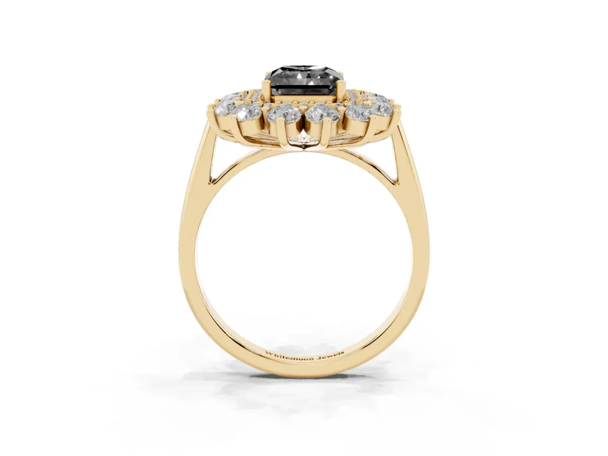 Fancy Black Radiant Cut Diamond Floral Double Halo Engagement Ring with Prong Setting Yellow gold