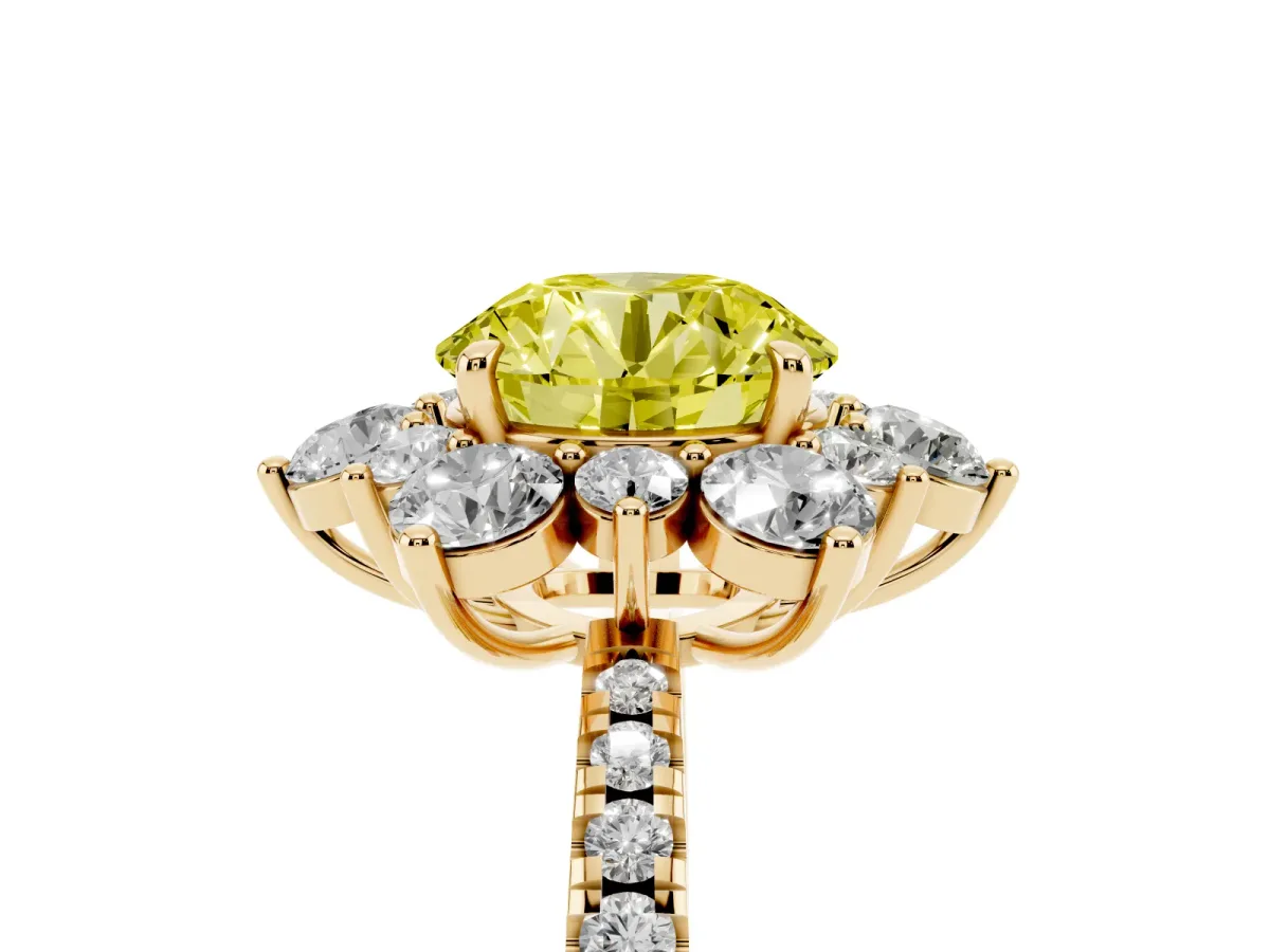 Fancy Yellow Round Cut Diamond Floral Halo Ring with Round Pavé Band and Prong Setting Yellow gold