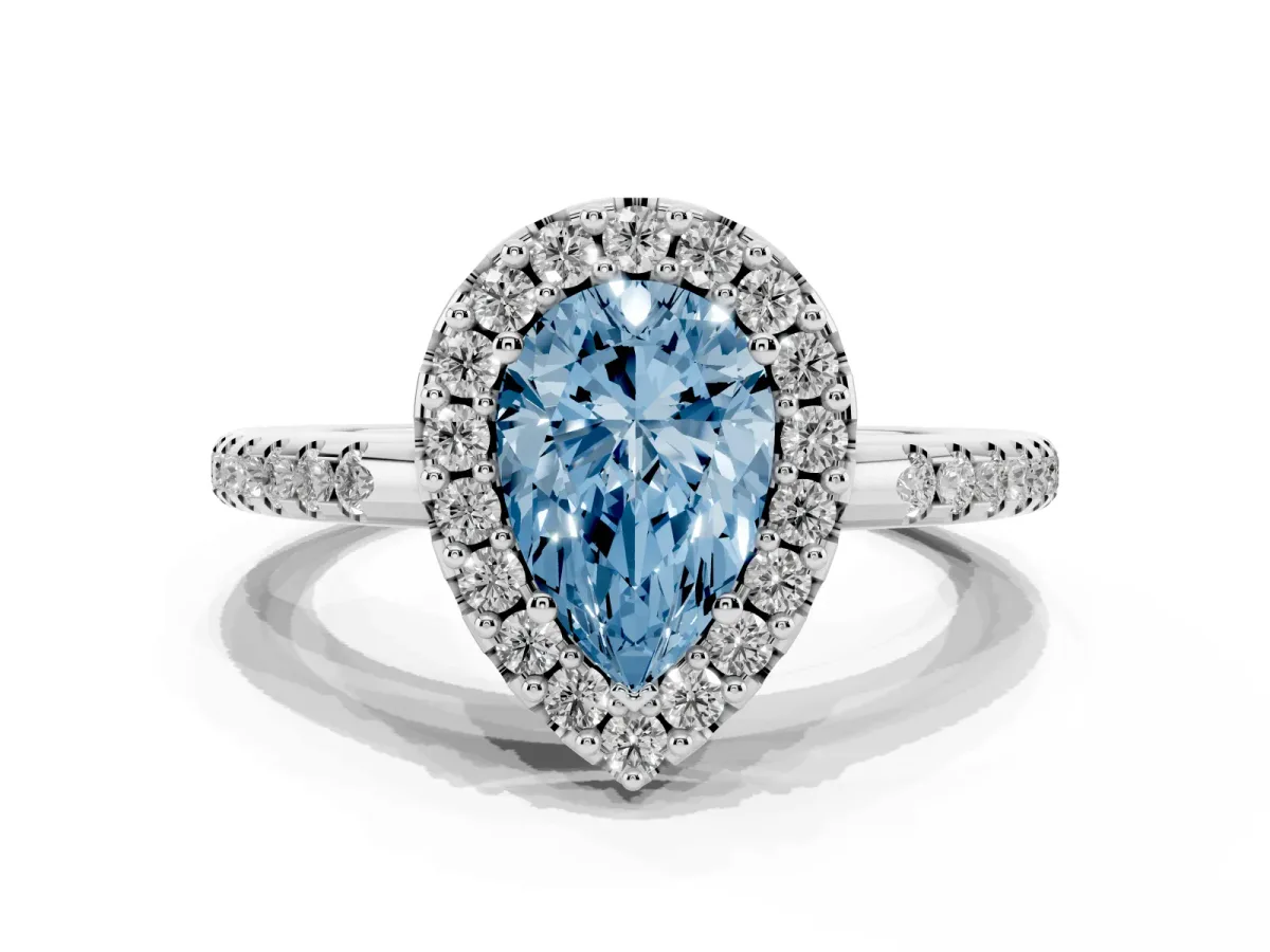 Fancy Blue Pear Cut Diamond Pavé Halo Ring with Four-Prong Setting Silver