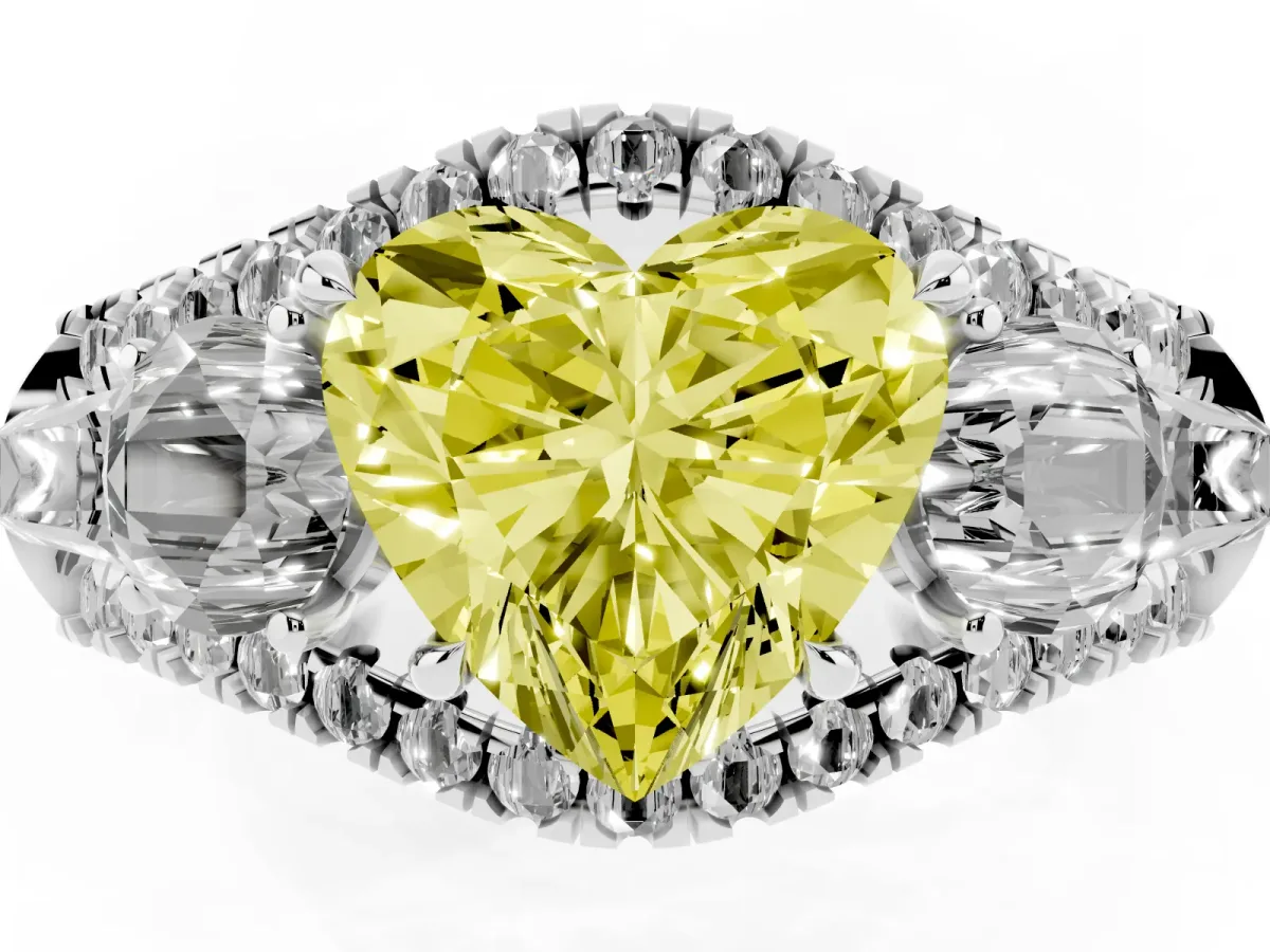Fancy Yellow Three-Stone Heart Cut Diamond Engagement Ring with Pave Band and Prong Setting Silver