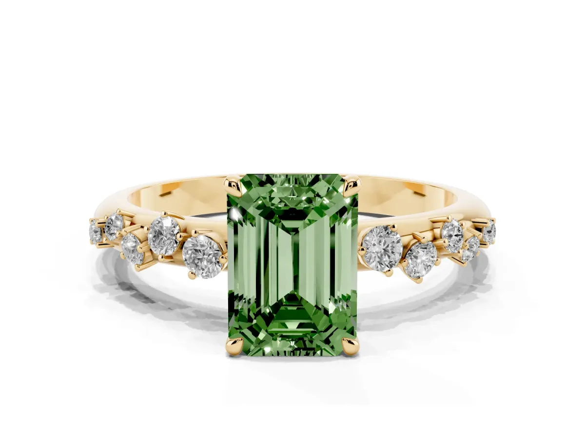 Fancy Green Emerald Cut Diamond Cluster Prong-Set Solitaire Ring Yellow gold
