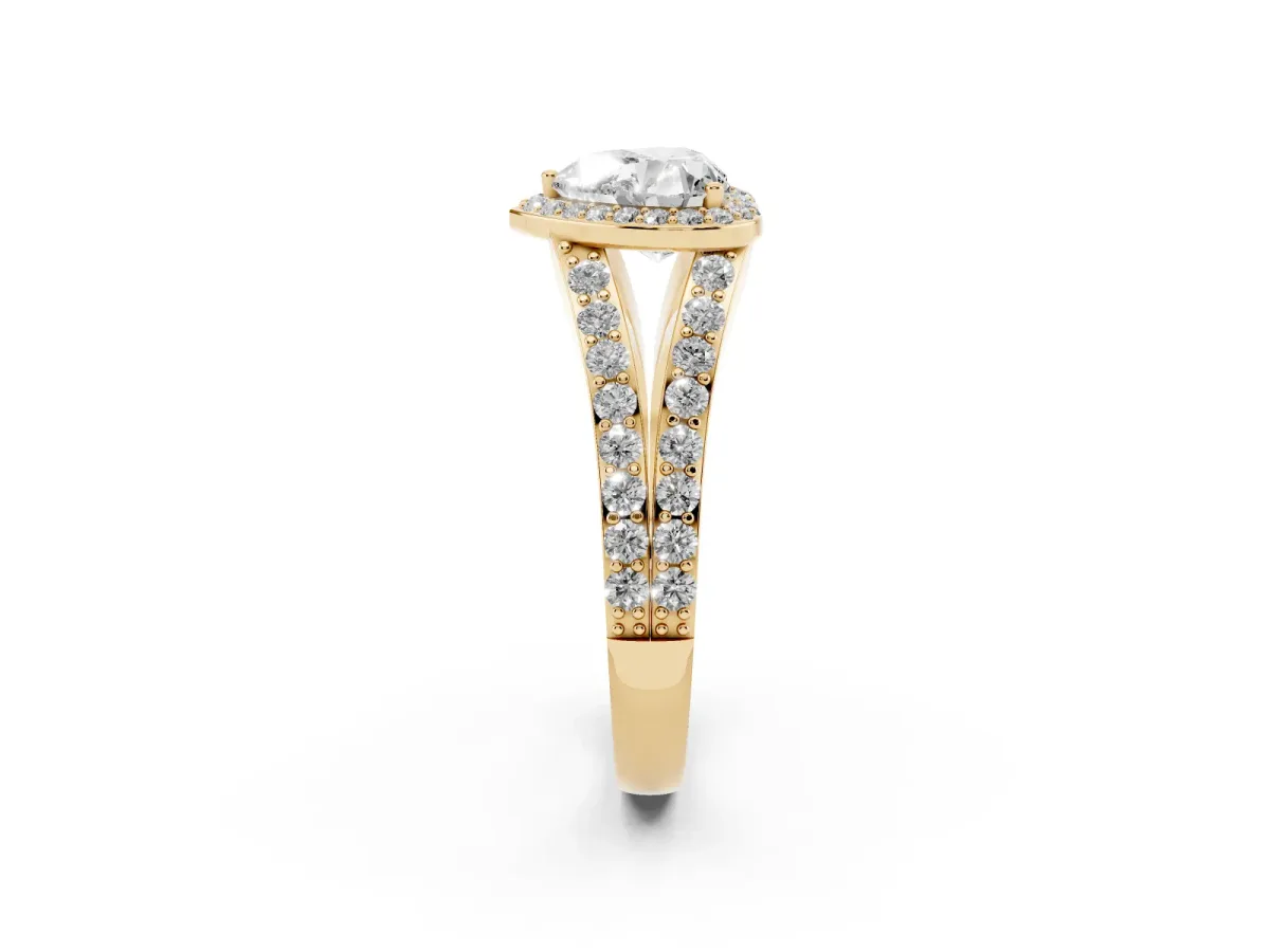 Heart Cut Diamond Split Shank Halo Ring with Four-Prong Setting Yellow gold