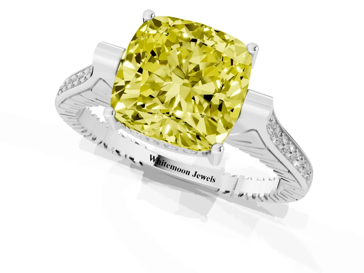Fancy Yellow Cushion Cut Solitaire Diamond Ring with Channel Set Band and Bezel Prong Setting Silver