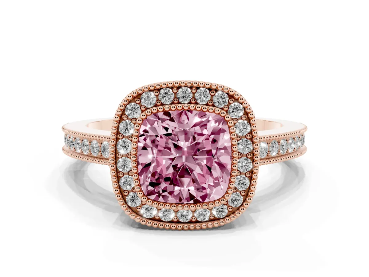 Fancy Pink Cushion Cut Cut Halo Diamond Ring with Pavé Band and Milgrain Prong Setting Rose gold