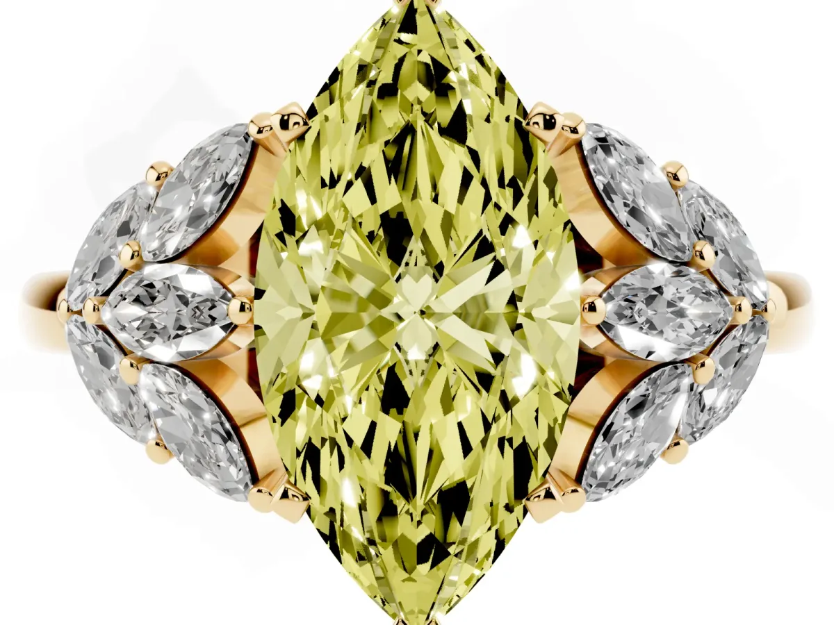 Fancy Yellow Marquise Cut Diamond Cluster Leaf Design Ring with Prong Setting Yellow gold