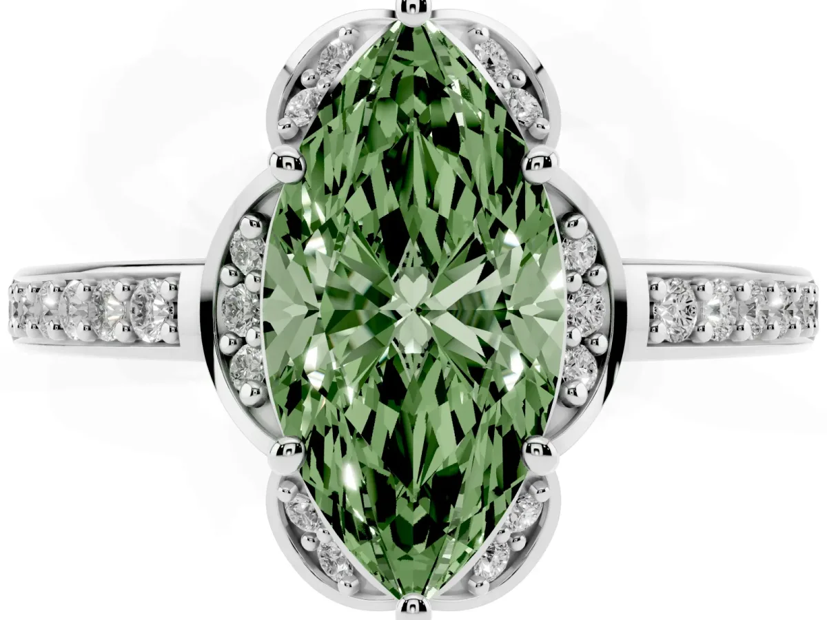 Fancy Green Marquise Cut Cut Halo Diamond Ring with Channel Set Band and Four-Prong Setting Silver
