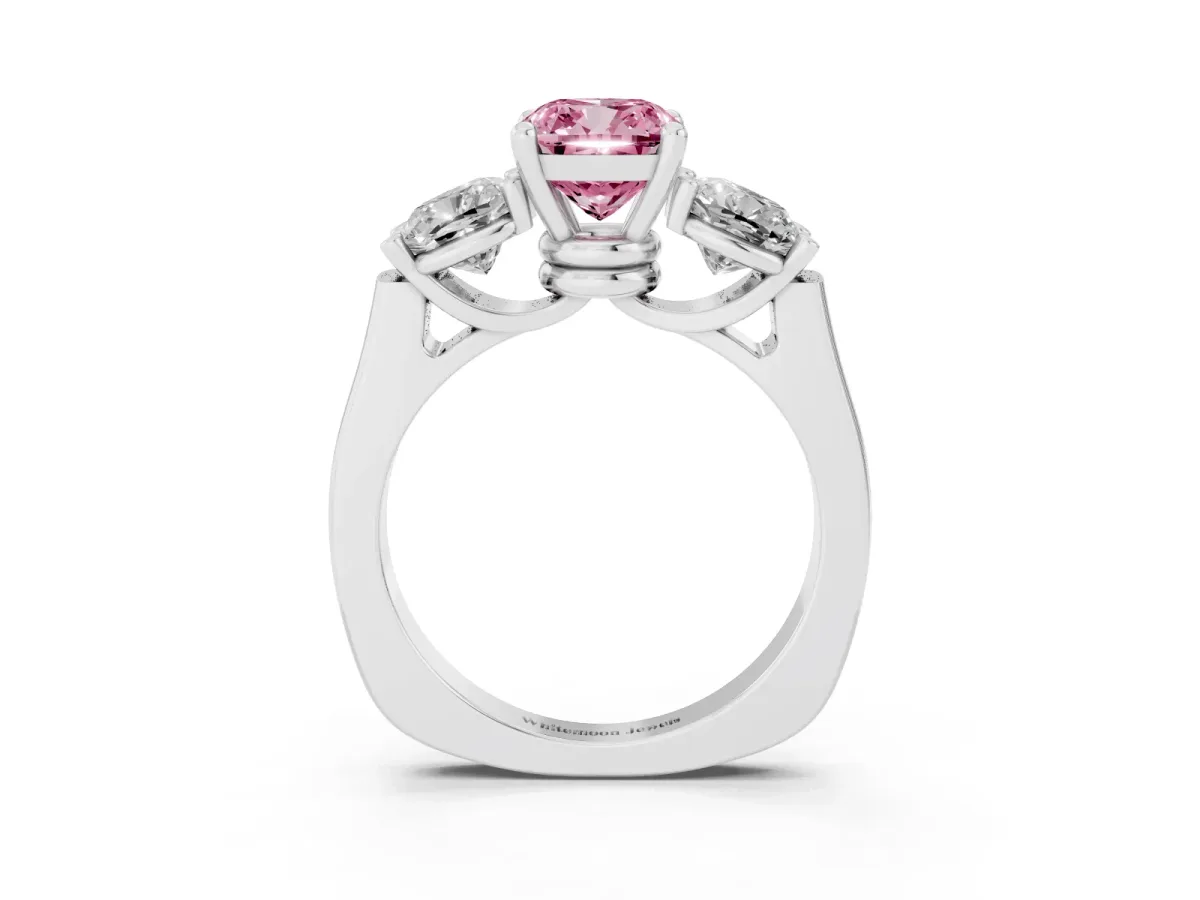 Fancy Pink Three-Stone Cushion Cut Brilliant Diamond Trellis Ring with Comfort Fit Band Platinum