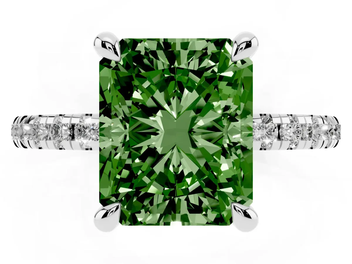 Fancy Green Radiant Cut Diamond Brilliant Solitaire Ring with Pavé Band and Four-Prong Setting Silver