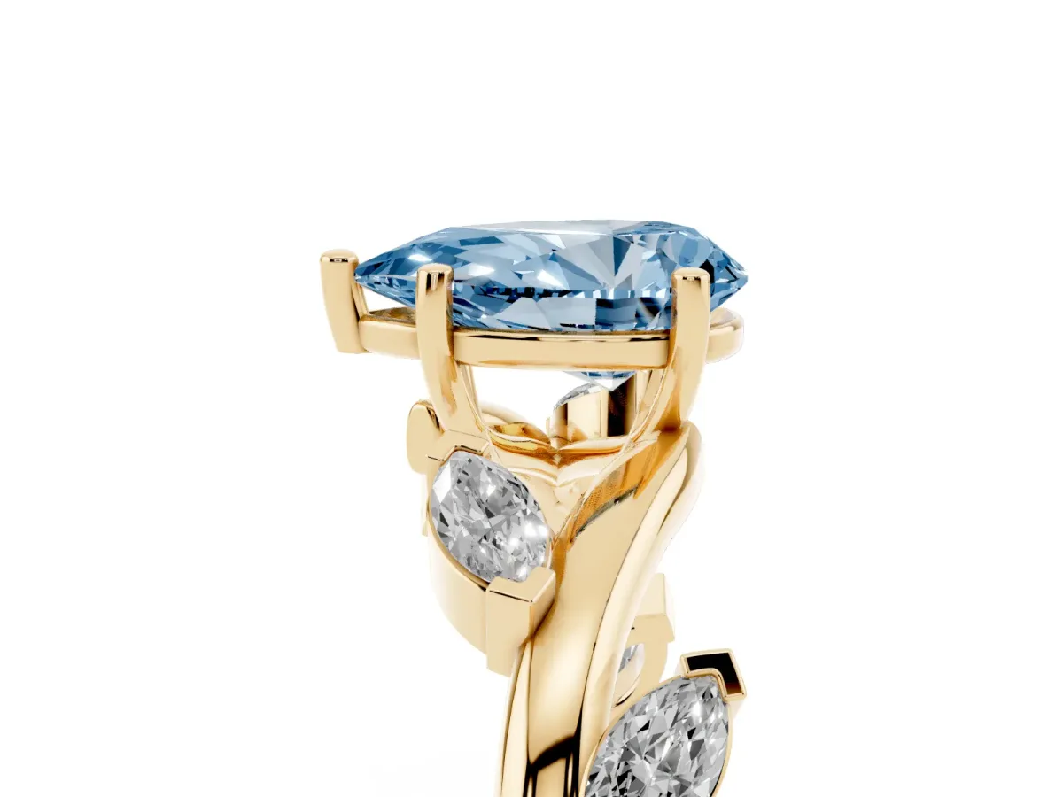 Fancy Blue Pear Cut Solitaire Twisted Band Marquise Accent Prong Setting Ring Yellow gold