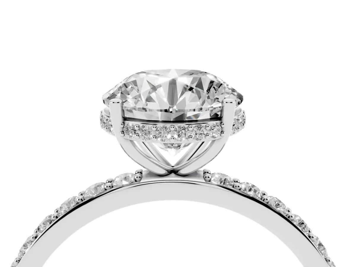 Round Cut Diamond Solitaire Ring with Pavé Band and Hidden Halo Platinum