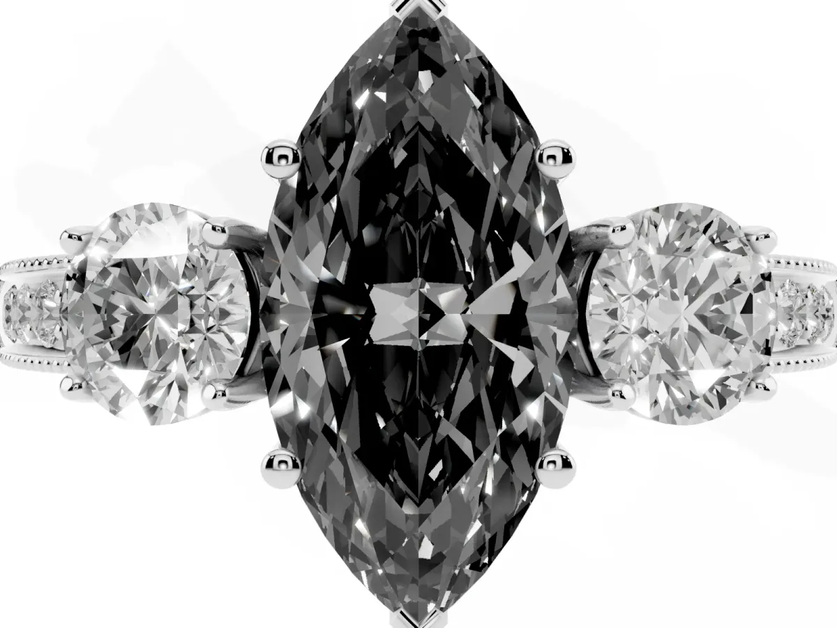 Fancy Black Marquise Cut Three-Stone Diamond Ring with Pavé Band and Four-Prong Setting Silver