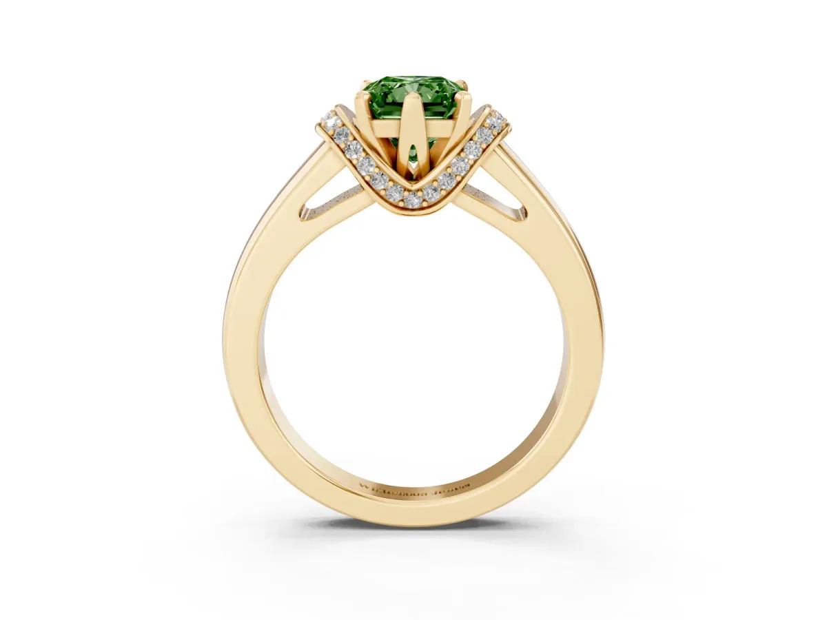 Fancy Green Radiant Cut Solitaire Diamond Ring with Pave Band and Six-Prong Setting Yellow gold