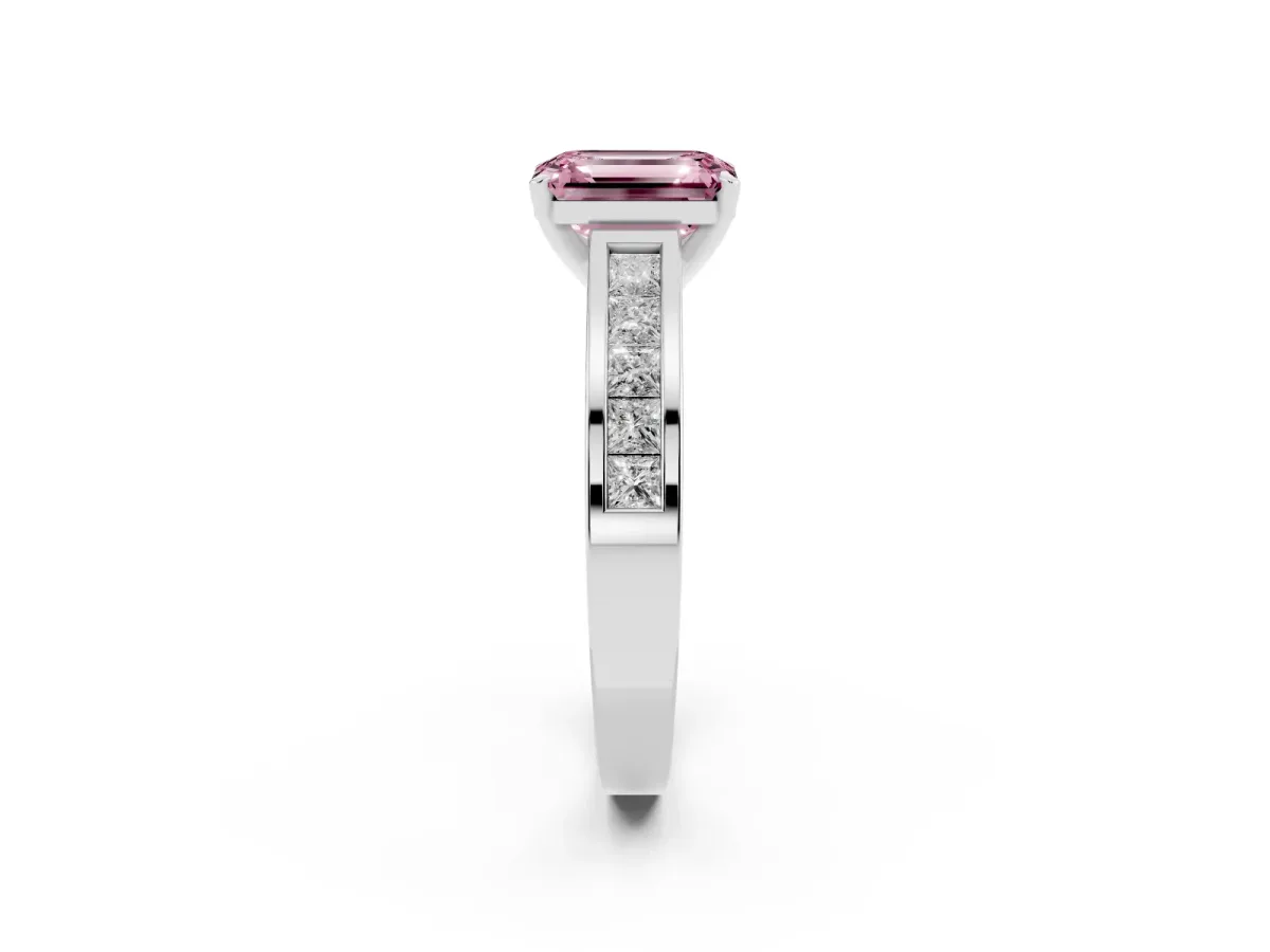 Fancy Pink Emerald Cut Solitaire Diamond Ring with Channel-Set Band and Four-Prong Setting Platinum
