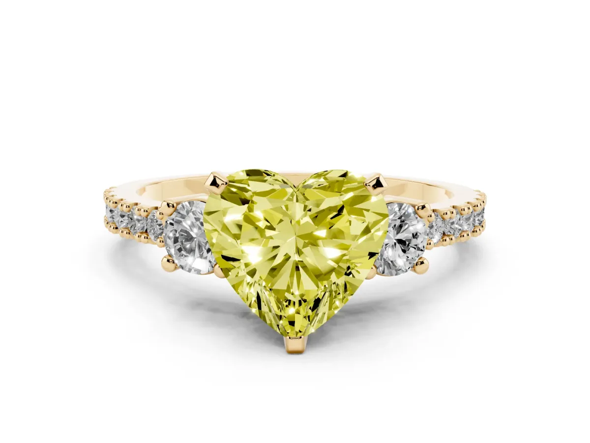 Fancy Yellow Heart Cut Three-Stone Diamond Pavé Band with Prong Setting Yellow gold