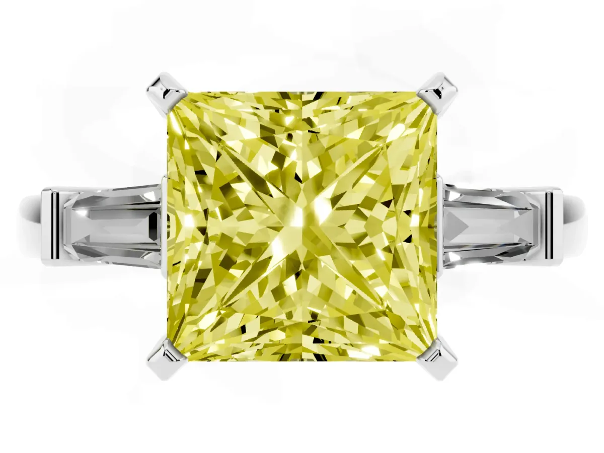 Fancy Yellow Princess Cut Cut Diamond Solitaire Ring with Tapered Baguette Accents and Four-Prong Setting Silver