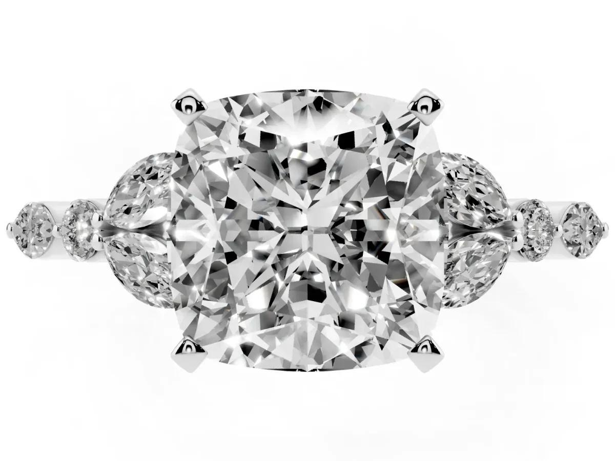 Cushion Cut Diamond Solitaire Ring with Side Stones and Four-Prong Setting Silver