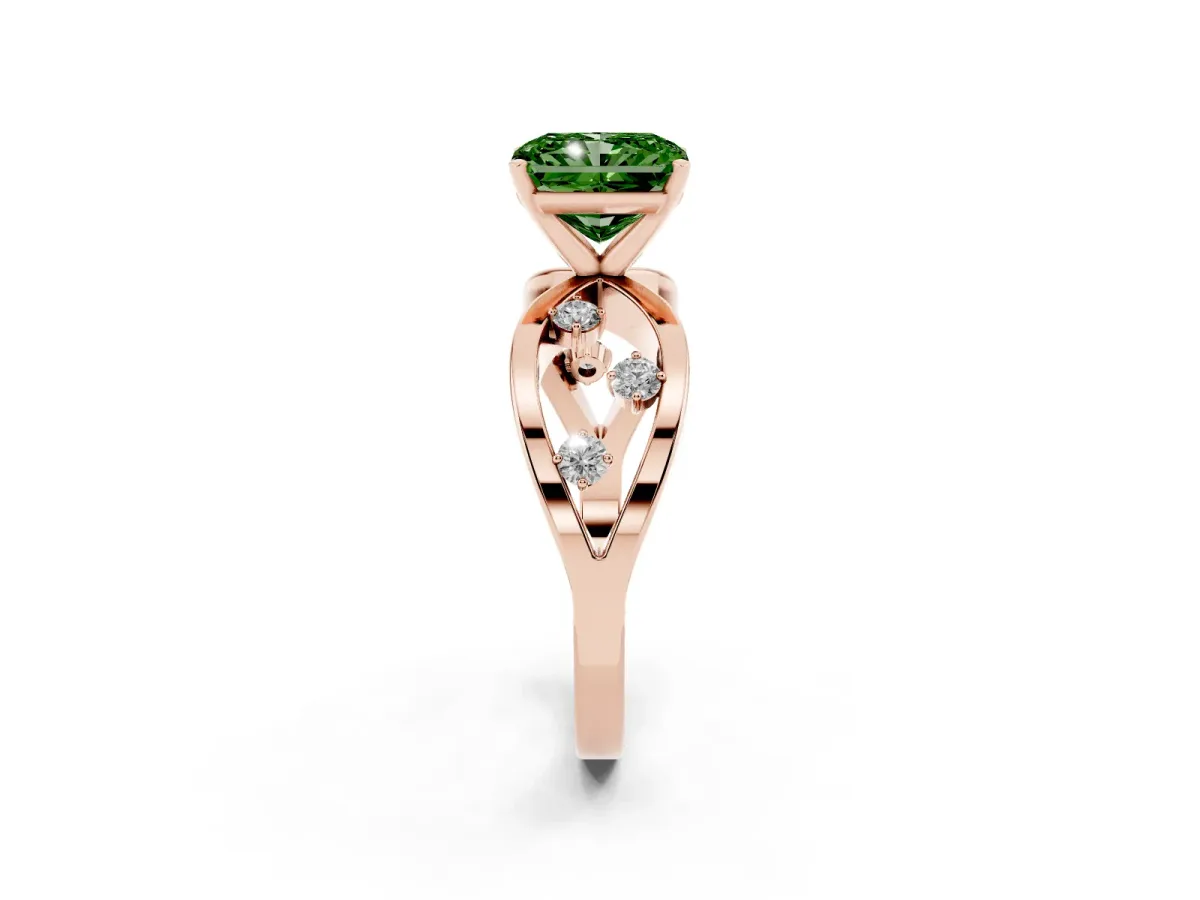 Fancy Green Radiant Cut Cut Solitaire Diamond with Side Stones on Criss-Cross Band and Four-Prong Setting Rose gold
