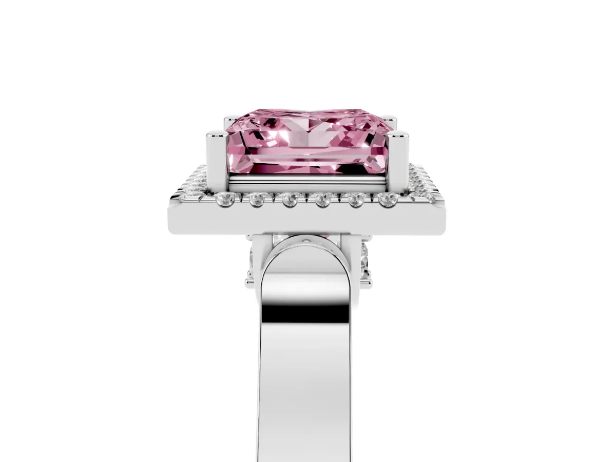 Fancy Pink Princess Cut Halo Round Diamond Twist Band with Four-Prong Setting White gold