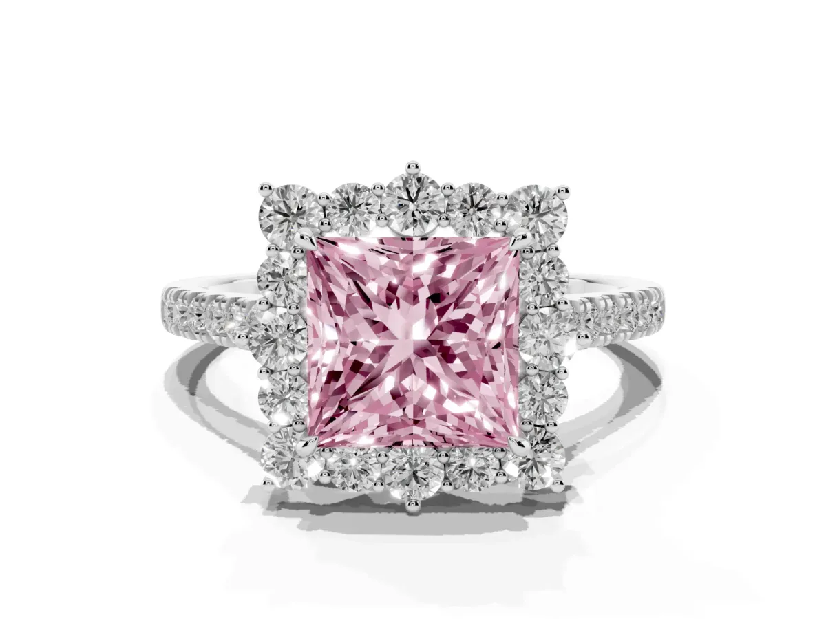 Fancy Pink Princess Cut Halo Diamond Ring with Pavé Band and Prong Setting Silver