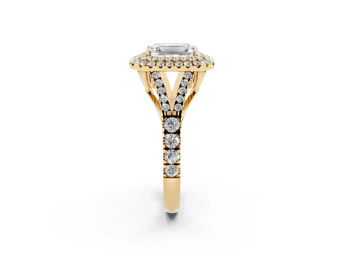 Emerald Cut Diamond Pavé Split Shank Double Halo Engagement Ring Yellow gold