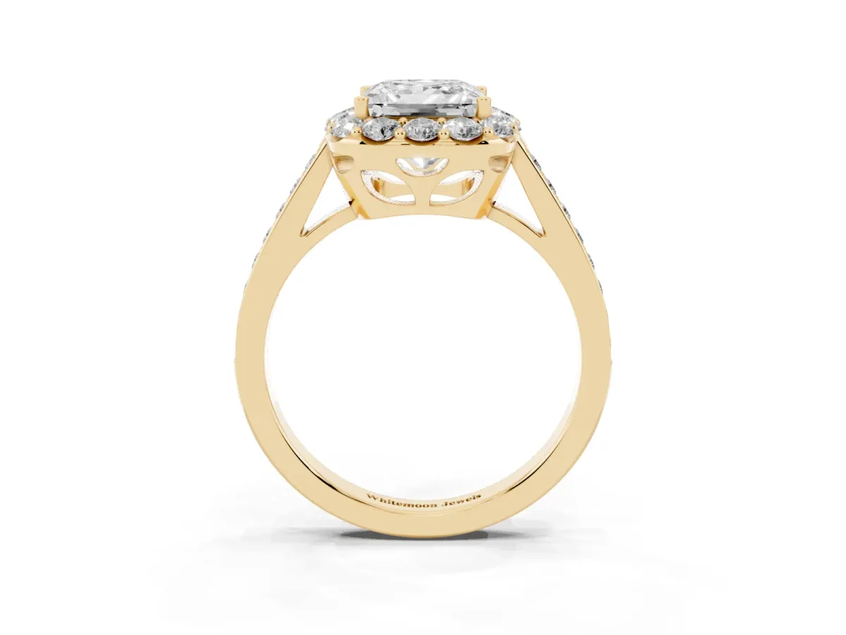 Princess Cut Diamond Floral Halo Ring with Pavé Band and Prong Setting Yellow gold
