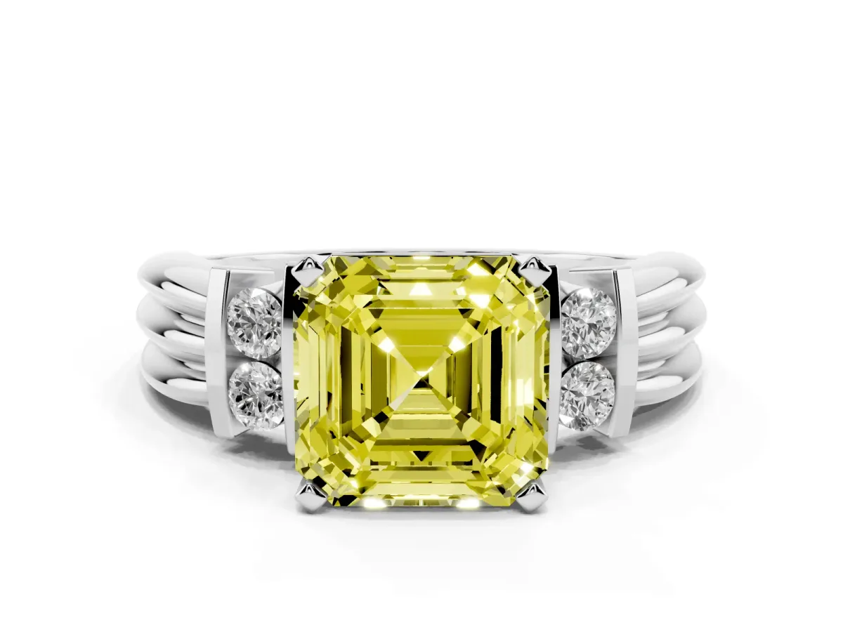 Fancy Yellow Asscher Cut Cut Three-Stone Channel Set Ring with Bar Prongs Silver
