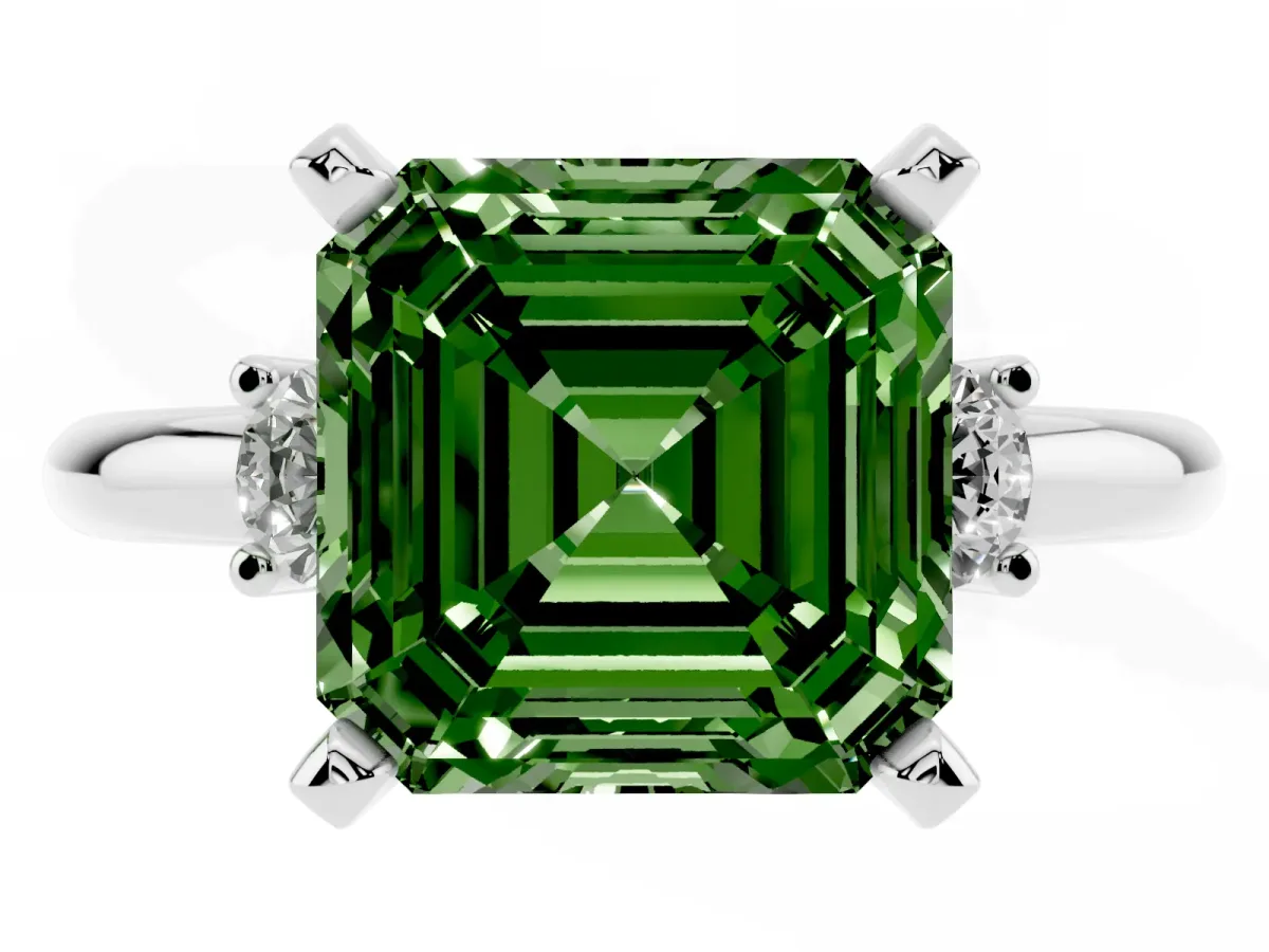 Fancy Green Three-Stone Asscher Cut Cut Diamond Solitaire with Prong Setting and Classic Band Silver